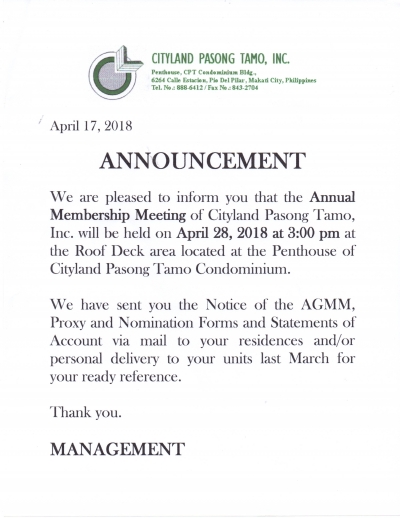 Annual Membership Meeting on April 28, 2018
