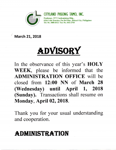 Holy Week on march 28 to 30, 2018 dated March 21, 2018
