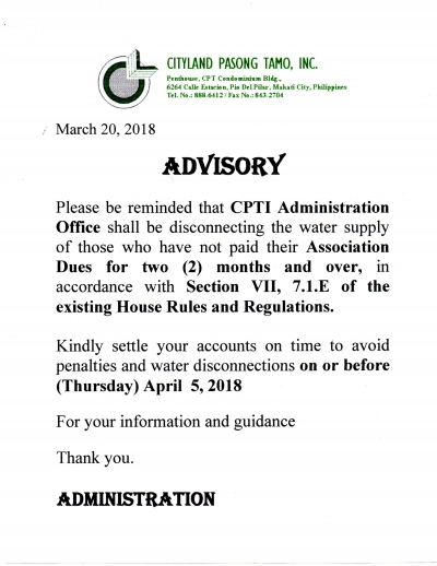 Disconnecting of water supply dated March 20, 2018