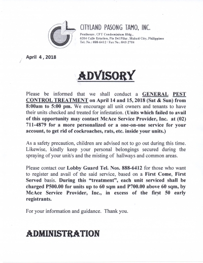 Pest Control Treatment on April 14-15, 2018